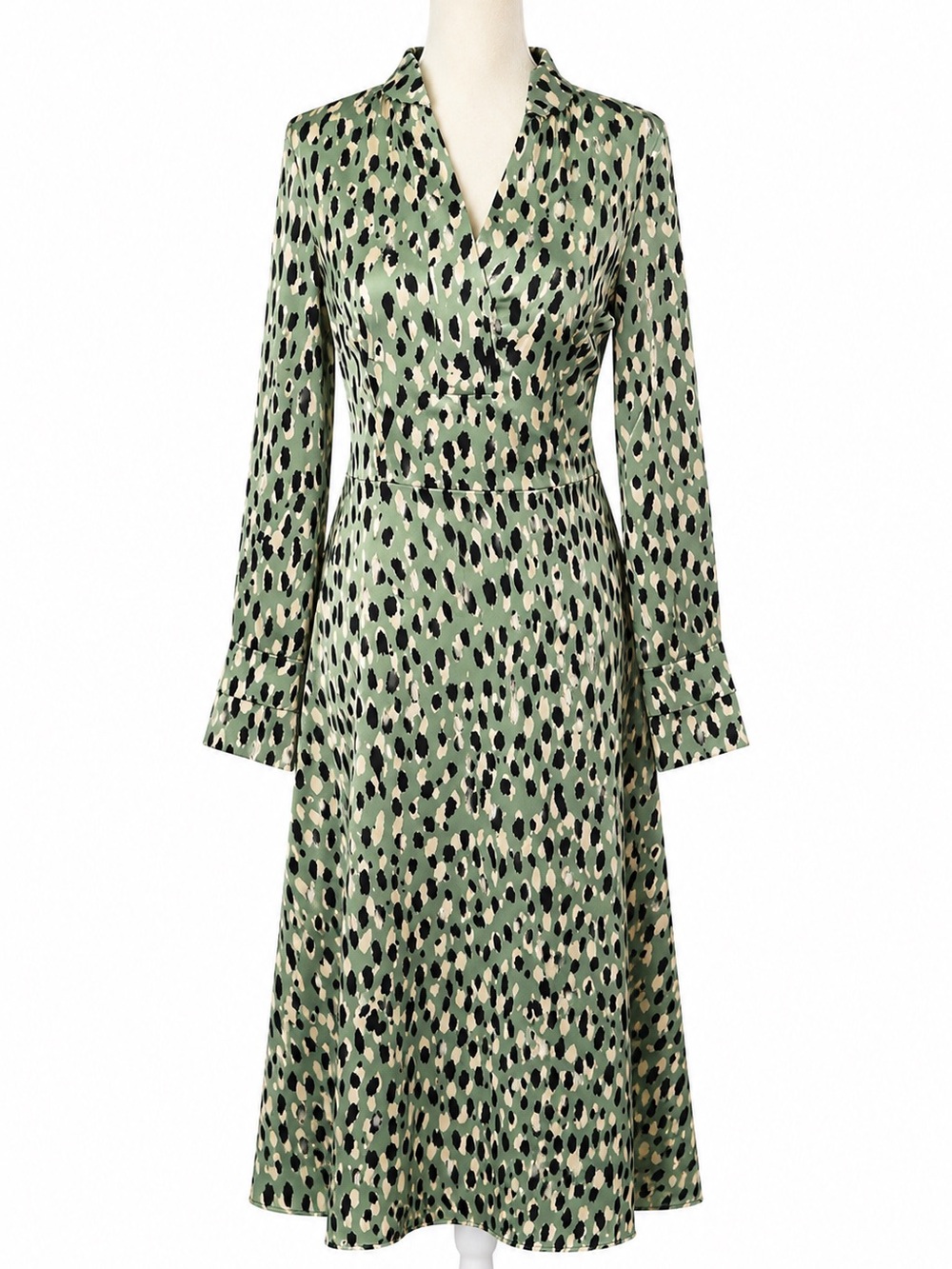 H&M Women’s Sage Green Animal Print Long Sleeve Midi Dress XXS Collared